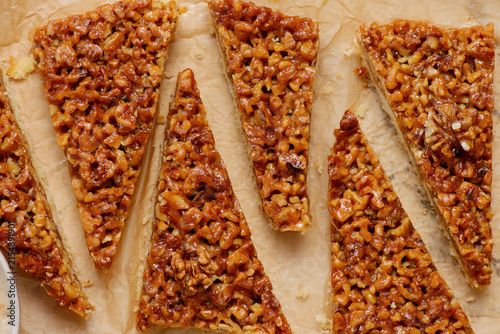 Caramelized walnut pie slices.selective focus.
