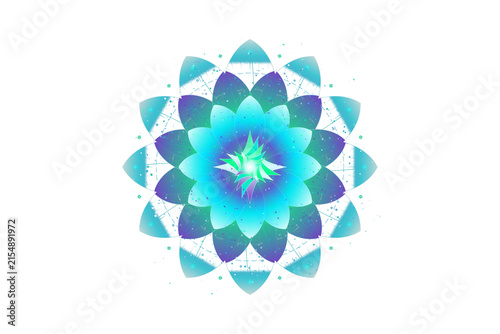 Glowing blue lotus flower mandala with symmetrical petals and a bright central light on a solid black background