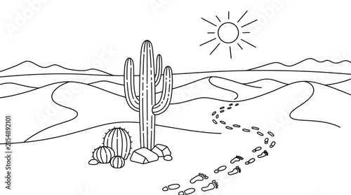 Black and white line art illustration of a desert landscape with cactus.