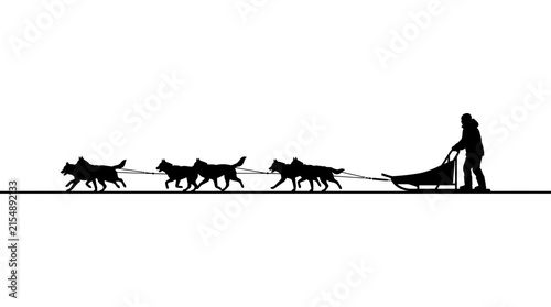 Silhouette illustration of a dog sled team with a musher.
