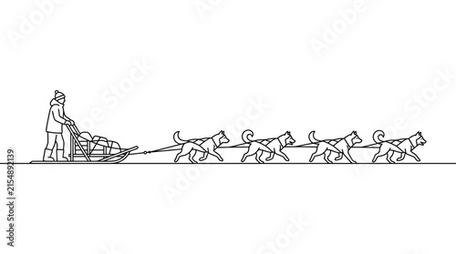 Continuous line drawing of a musher driving a dog sled team.