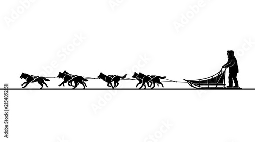 Black silhouette of a dog sled team led by a musher running across snow.