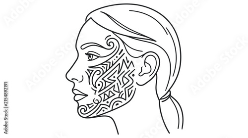 Profile portrait of a woman with traditional Polynesian tribal facial tattoo design.