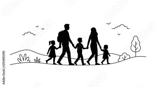 Silhouette of a happy family walking together outdoors.
