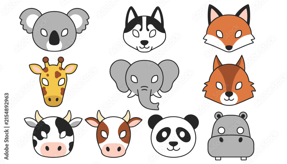 Fototapeta premium Adorable set of ten children's animal face masks including koala, husky, fox, giraffe, elephant, panda, and cow.