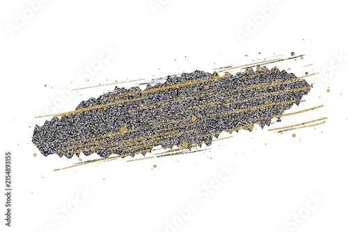 Horizontal gold brush stroke banner with dynamic motion lines and floating glitter particles on black background