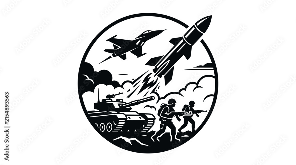 Obraz premium Military combat scene icon with tank and jet.