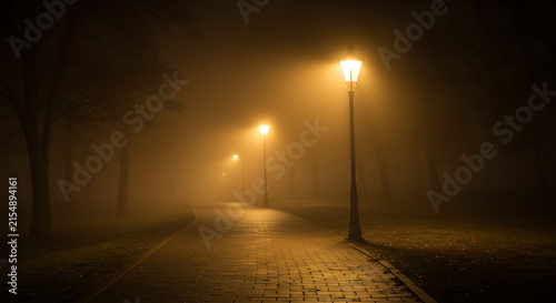Mysterious foggy park path lined with glowing streetlights at night creating an atmospheric and eerie mood