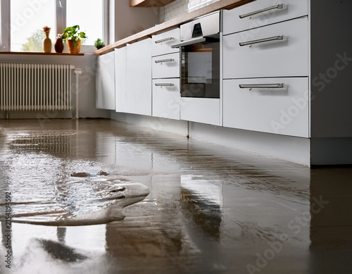 close up of a flooded floor in a modern white kitchen