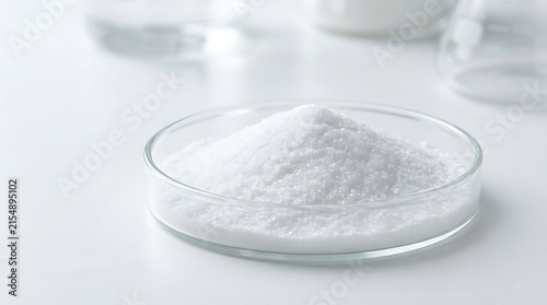A pile of white chemical powder inside a glass petri dish for scientific research. allantoin