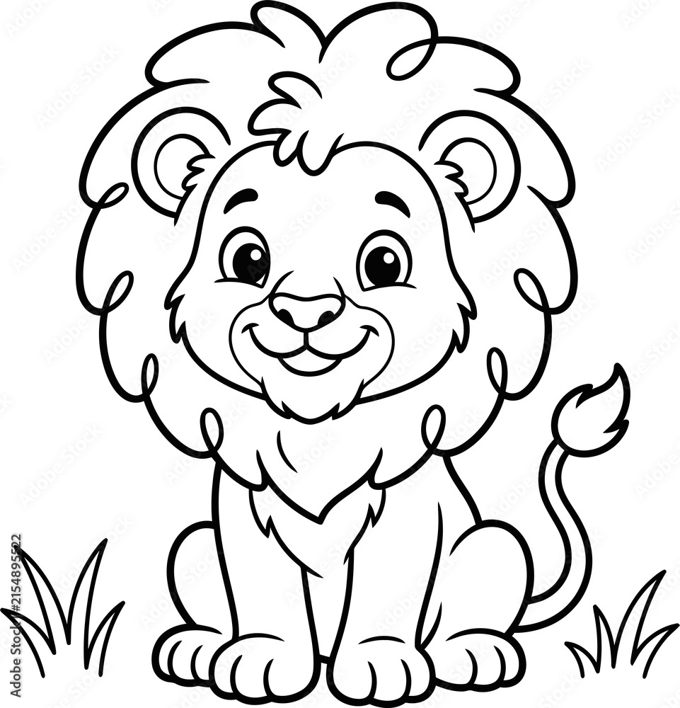 Obraz premium Cute cartoon lion cub sitting in grass isolated on transparent background