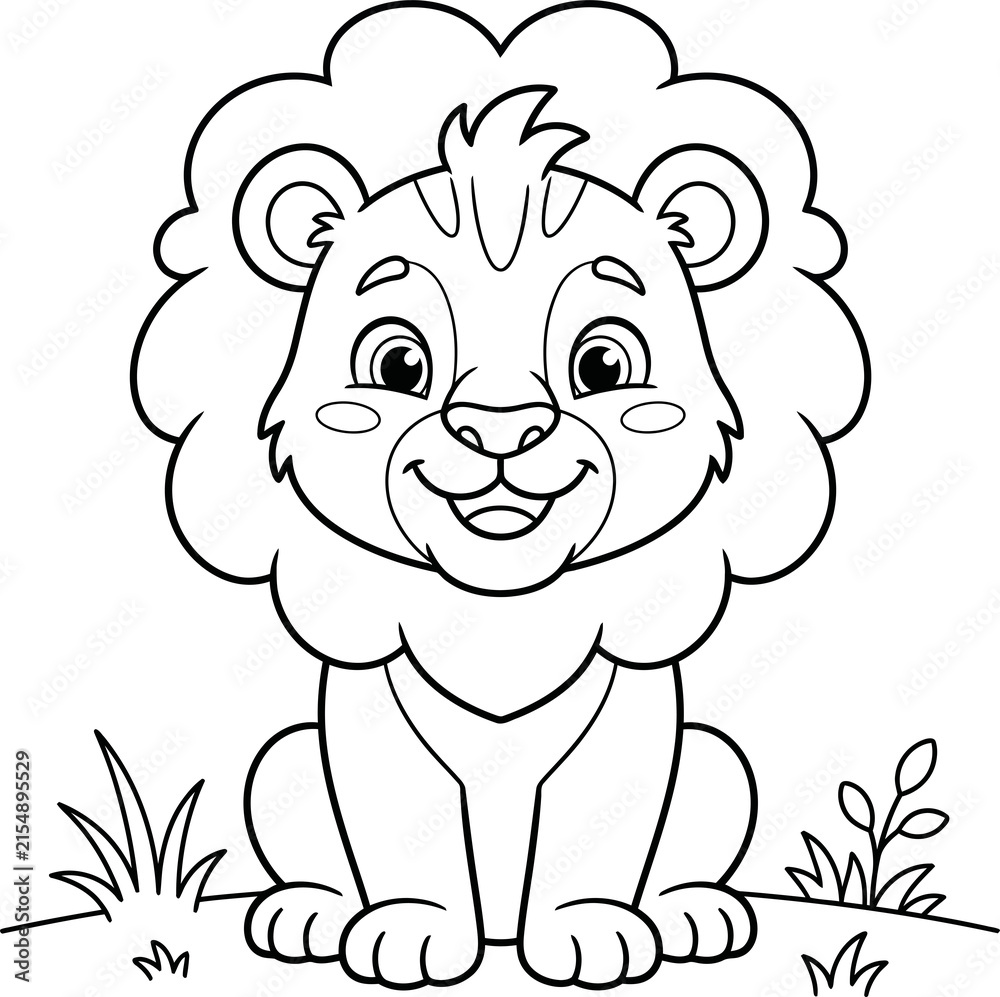 Obraz premium Adorable baby lion cartoon illustration with grassy details isolated on transparent background
