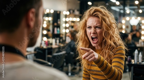 Furious female customer pointing and yelling at a hairdresser in a beauty salon.