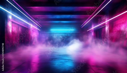 sci fi futuristic smoke fog neon laser and graffiti art in garage room blue pink violet neon abstract background ultraviolet light night club cyber undergound warehouse concrete reflective studio