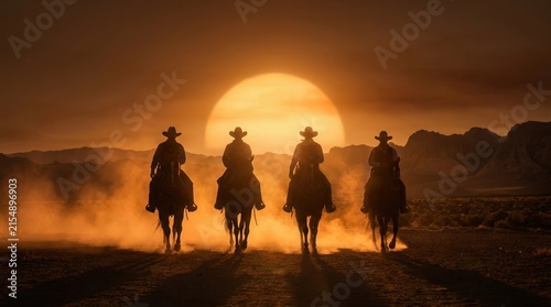 Four cowboys on horses riding through the desert at sunset.