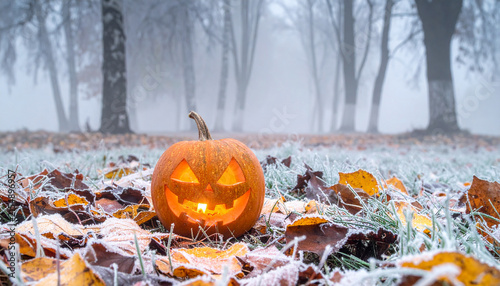 Jack o Lantern on Frozen Leaves in Pale Winter Forest