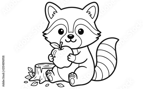 Cute cartoon raccoon eating a fresh apple sitting by a tree stump for a fun coloring page