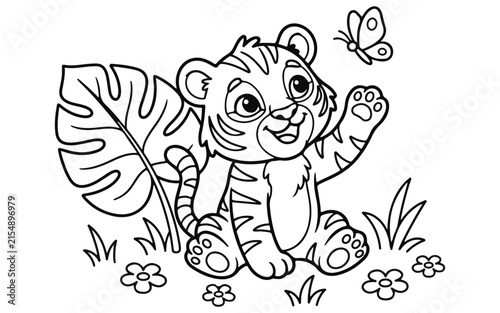 Cute baby tiger playing with a butterfly in the jungle for a fun printable kids coloring page
