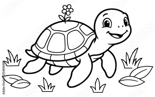 Cute little turtle with a flower on its shell for a fun and simple kids coloring page