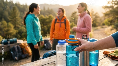 Faceless group of female friends restocking supplies and filling water bottles at a rest stop.