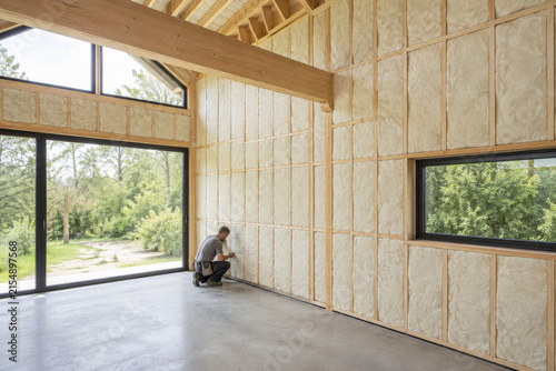 Instalación de aislamiento en un espacio interior moderno con ventanas grandes en un ambiente natural