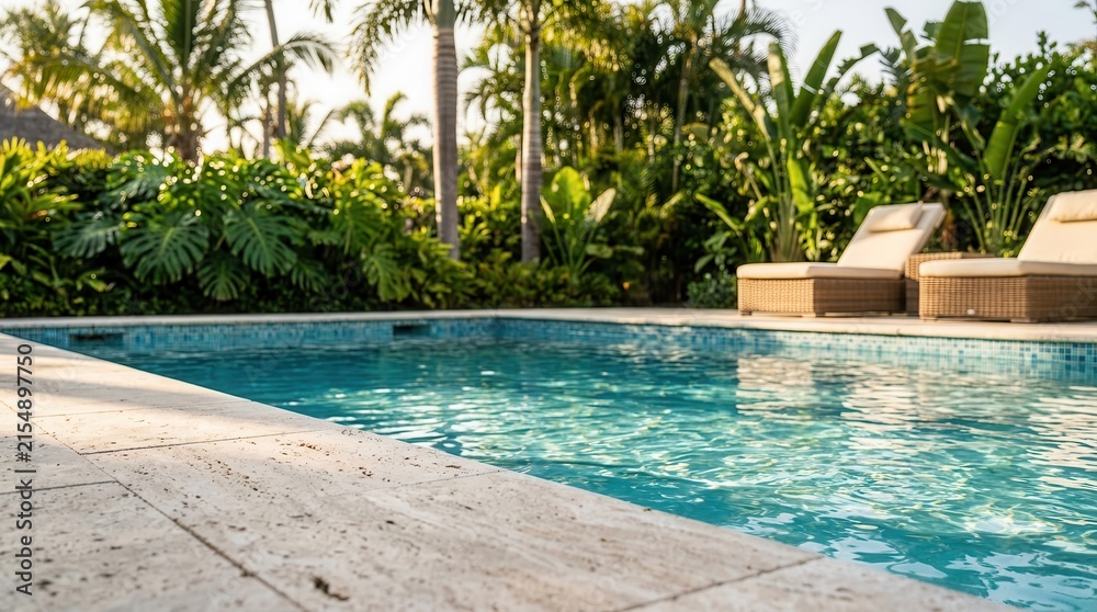 Fototapeta premium Clear blue water in an outdoor swimming pool with tropical green plants and palm trees.