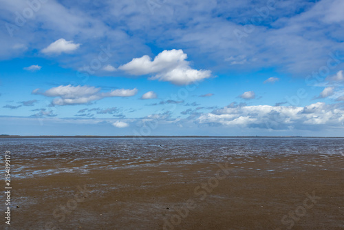 Wadden sea mudflats at low tide with blue sky