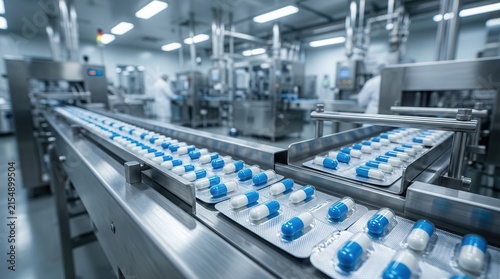 Blue and white capsules in blister packaging moving on a modern pharmaceutical production line.
