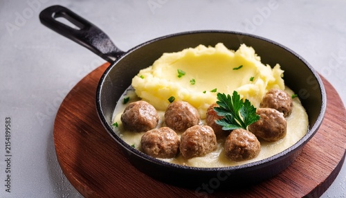 meatballs simmer in creamy sauce in frying pan mashed potatoes served in bowl garnish with fresh parsley on dish traditional swedish cuisine comfort food is ready