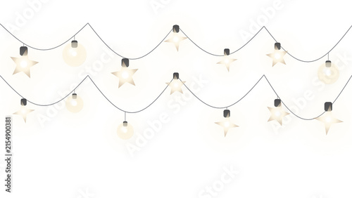 Glowing star and round bulb string lights garland decoration on transparent background