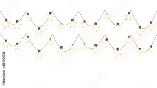 Glowing star and round bulb string lights garland decoration on transparent background
