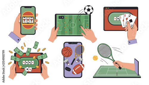Online gambling and sports betting set with hands holding mobile phones tablets displaying slots casino cards poker vector illustration