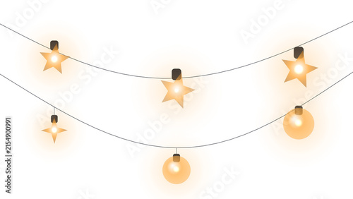 Glowing star and round bulb string lights hanging on wire isolated on transparent background