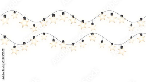 Glowing star shaped string lights garland decoration isolated on transparent background