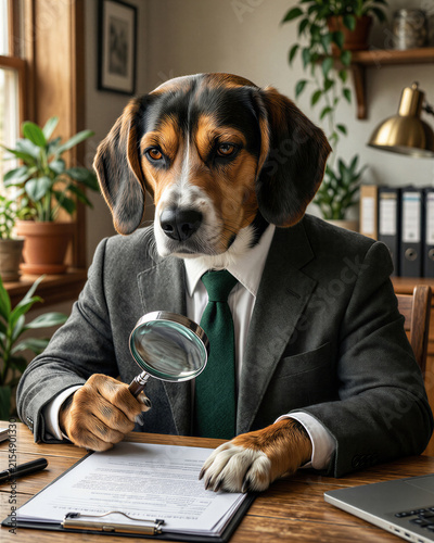 A tri-color beagle in a countryside suit sits calmly reviewing papers through a magnifying glass with steady brown eyes, showing complete business focus in warm home office light.