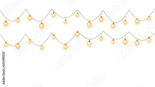 Glowing string lights garland with warm bulbs hanging on wire isolated on transparent background