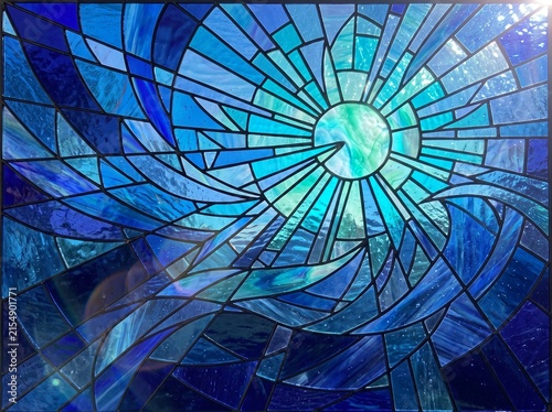 Abstract Flowing Waves and Geometric Stained Glass Mosaic Backgrounds Set in Vibrant Jewel Tones