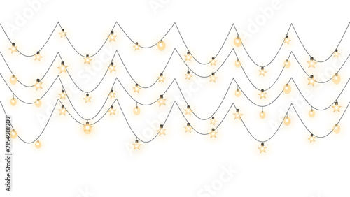 Glowing string lights with star and round bulbs hanging on wire garland isolated on transparent background