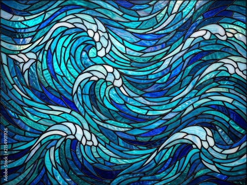 Abstract Flowing Waves and Geometric Stained Glass Mosaic Backgrounds Set in Vibrant Jewel Tones