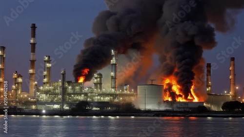 Industrial oil refinery explosion at night with massive fire and thick black smoke plumes