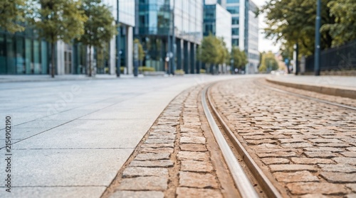 Cobblestone tram tracks curving through a modern cityscape  