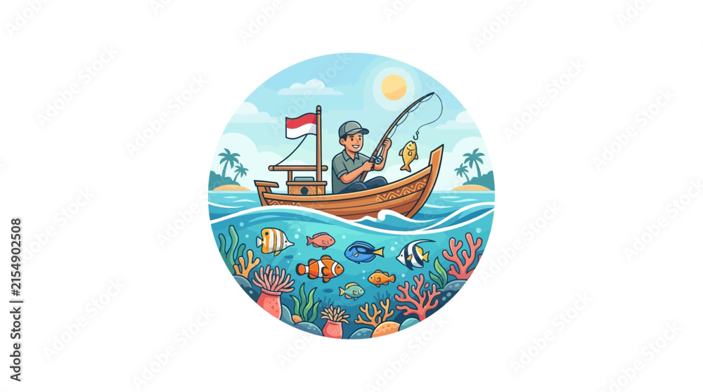 Naklejka premium Fisherman on boat within tropical sea circle.