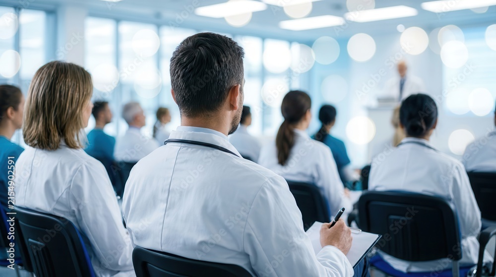 Obraz premium Group of faceless doctors attending a medical seminar in a defocused hospital lecture hall.