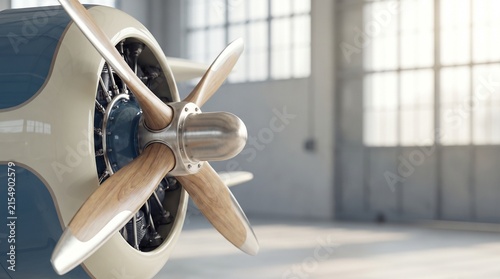 Vintage airplane propeller engine close-up in a hangar  