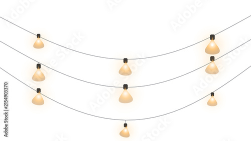 Hanging string lights with glowing bulbs isolated on transparent background