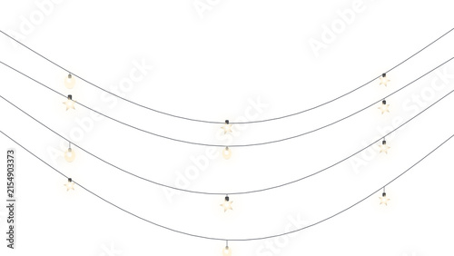 Hanging string lights with star and round bulbs glowing warm on transparent background