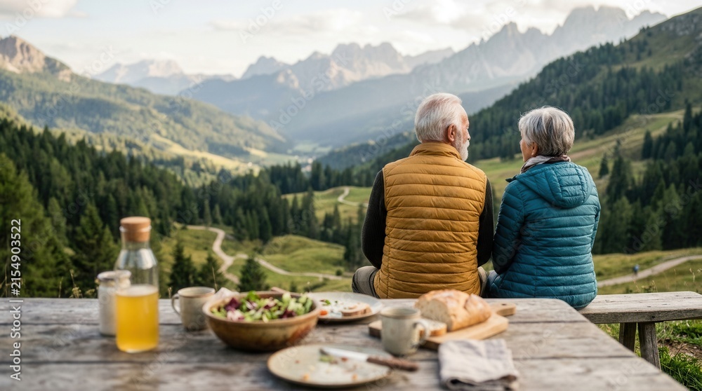 Fototapeta premium Senior retired couple enjoying a picnic lunch while overlooking scenic mountain views during a hiking adventure.
