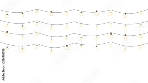 Hanging string lights with star and round bulbs glowing warm yellow on transparent background