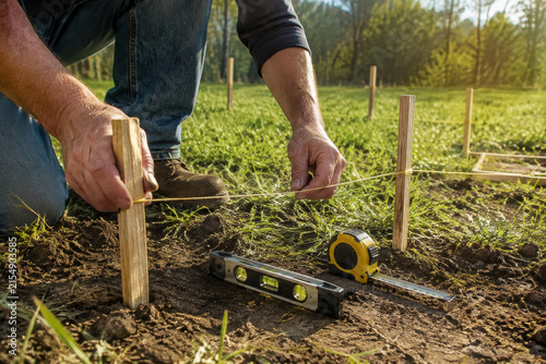 Trabajo en el campo midiendo y marcando área en el suelo para un proyecto de construcción