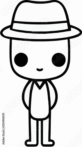 Cute Kawaii Character Wearing Fedora Hat Line Art